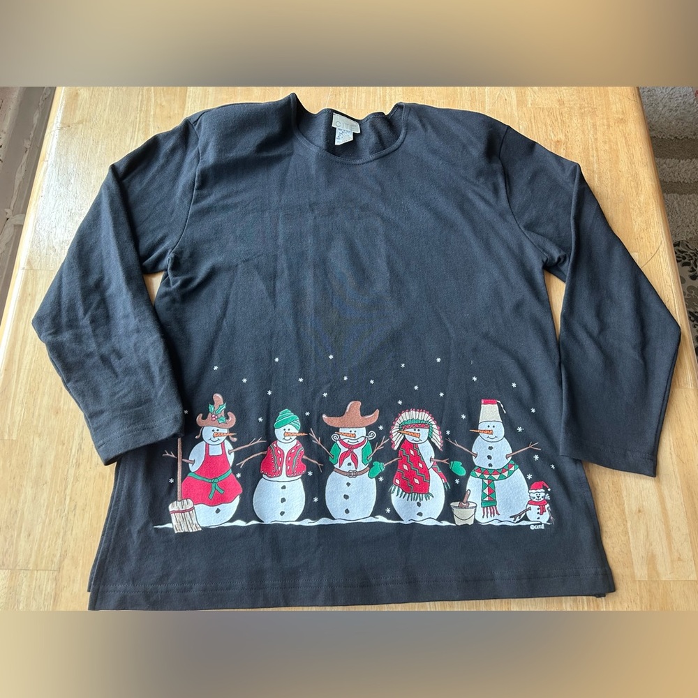 Vintage Christmas holiday snowman woman’s sz PM black long sleeved top shirt